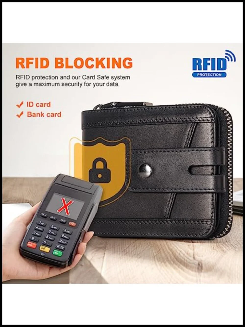 Genuine Leather Zipper Wallet RFID Blocking Bifold with Coin Pocket